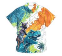 Camicia da uomo con gatto stampato dinosauro - Camicia fantasia a maniche corte con T-Rex e gatto mago | Divertente camicia hawaiana per festival, Stil_d01 Nero, XXL