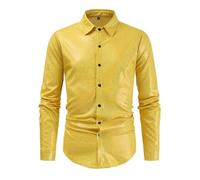 Camicia da uomo con glitter dorati, lucida, per feste, business, a maniche lunghe, hippie, scintillante, metallizzata, per palcoscenico, costume da carnevale degli anni '70, A2 Gold, L