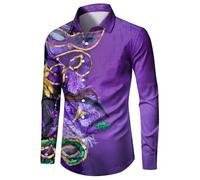 Camicia da uomo con paillettes argento Mens Carnival Fashion Digital 3D stampato a maniche lunghe con bottone, Lilla, L