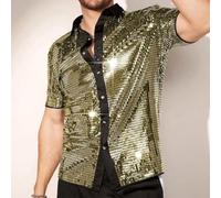 Camicia da uomo con paillettes lucide, a maniche corte, colletto con risvolto, per abbigliamento da discoteca, carnevale, stile Groovy (oro, L)