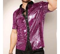 Camicia da uomo con paillettes lucide, a maniche corte, colletto con risvolto, per abbigliamento da discoteca, carnevale, stile Groovy (viola, M)