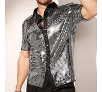 Camicia da uomo con paillettes lucide a maniche corte con colletto con risvolto per abbigliamento da discoteca Carnevale stile Groovy (argento, L)