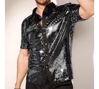 Camicia da uomo con paillettes lucide a maniche corte con colletto con risvolto per abbigliamento da discoteca Carnevale stile Groovy (nero, M)