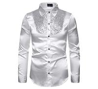 Camicia da uomo con paillettes lucide Abito da uomo di lusso Paisley Slim Fit Button Down Camicia da discoteca anni '90, bianco-a, L