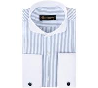 Camicia da uomo con polsino alla francese con colletto a spalla mancante, gemelli inclusi, camicia elegante a maniche lunghe con bottoni, A righe blu., L