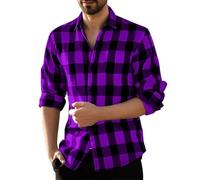 Camicia da uomo con risvolto a quadri in cotone a quadri boscaiolo vestibilità regolare manica lunga casual scozzese flanella tartan button down top larghi vestiti primaverili, Viola, 4XL