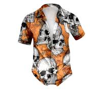 Camicia da uomo con risvolto con teschio, neon, alieno hawaiano, a maniche corte, vestibilità regolare, con bottoni, estiva, per il tempo libero, horror, divertente, per la primavera, O Orange, L