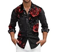 Camicia da uomo con rose rosse stampate, slim fit, a maniche lunghe, per San Valentino, casual, con bottoni, per le vacanze, per il tempo libero