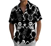 Camicia da uomo con scheletro, camicia a maniche corte con bottoni, per Halloween, vestibilità larga, da spiaggia, abbigliamento alla moda, Teschio di Halloween Bianco, L