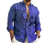 Camicia da Uomo con Stampa 3D di Note Musicali Moda Vintage Camicia con Motivo di Note Musicali Camicie a Maniche Lunghe dal Taglio retrò Camicetta con Risvolto con Bottoni