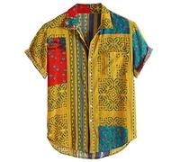 Camicia da uomo con stampa etnica azteca, vintage, versatile, vestibilità regolare, a maniche corte, colletto a fascia, camicie con bottoni, casual, confortevole, top di personalità per l'estate