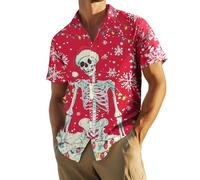 Camicia da uomo con teschio di Babbo Natale, scheletro di Natale, camicia con bottoni, alla moda, casual, gotica, per vacanze, feste, estate, Un Buon Natale, 4XL