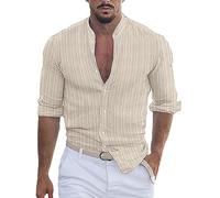 Camicia da Uomo Cotone Lino Tinta unita Traspirante Camicie Casual Manica Lunga Casual Girocollo Con Bottoni Classici Camicia Leger Uomo Regular Fit Spiaggia Camicie, beige, XXXL