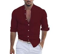 Camicia da Uomo Cotone Lino Tinta unita Traspirante Camicie Casual Manica Lunga Casual Girocollo Con Bottoni Classici Camicia Leger Uomo Regular Fit Spiaggia Camicie, Vino, XXX-Large