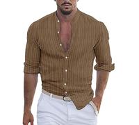 Camicia da Uomo Cotone Lino Tinta unita Traspirante Camicie Casual Manica Lunga Casual Girocollo Con Bottoni Classici Camicia Leger Uomo Regular Fit Spiaggia Camicie, marrone, XXL