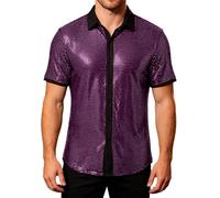 Camicia da uomo da discoteca con paillettes, camicia estiva anni '70, a maniche corte, per il tempo libero, per feste, costumi, feste a tema, carnevale, camicia a maniche corte, colletto rovesciato