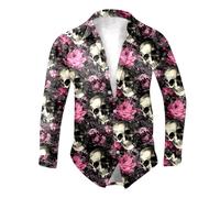 Camicia da uomo di Halloween con motivo a teschio, con stampa grafica, a maniche lunghe, con bottoni, alla moda, stile casual, O Rosa Caldo, M