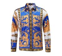 Camicia da Uomo di Lusso a Marchio, in Raso Effetto Seta con Stampa, abbottonatura Frontale, Ideale per Feste e Cerimonie; Manica Lunga, vestibilità Slim Fit, Stile Floreale, Perfetta per Serate in