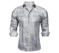 Camicia da uomo di lusso con motivo Paisley dorato e lucente, slim fit, per il tempo libero, a maniche lunghe, in satin confortevole, con motivo floreale, per uomini, in jacquard con ricami, motivo