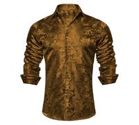 Camicia da uomo di lusso Paisley con motivo dorato lucido, slim fit, per il tempo libero, a maniche lunghe, comoda, in raso, motivo floreale, per uomini, per matrimoni, feste, balli, gold, XL