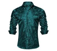 Camicia da uomo di lusso Paisley con motivo dorato lucido, slim fit, per il tempo libero, a maniche lunghe, comoda, in raso, motivo floreale, per uomini, per matrimoni, feste, balli, verde, M