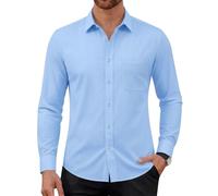 Camicia da uomo elasticizzata, a maniche lunghe, non necessita di stiratura, per il tempo libero, con tasca, Azzurro, M