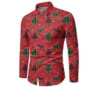 Camicia da uomo grigio scuro camicie di Natale per uomo in inverno, maniche lunghe, abbottonatura, stampa completa, camicie divertenti con un'atmosfera speciale camicia bianca da uomo, Colore: rosso