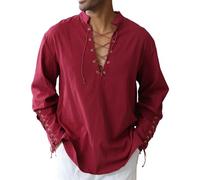 Camicia da uomo in cotone con coulisse sul braccio, stile vintage, medievale, vichingo, pirata, rinascimentale, Rosso, M