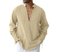 Camicia da uomo in cotone con coulisse sul braccio, stile vintage, medievale, vichingo, pirata, rinascimentale, Beige, XXL