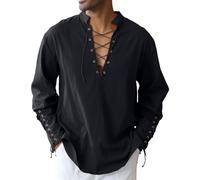Camicia da uomo in cotone con coulisse sul braccio, stile vintage, medievale, vichingo, pirata, rinascimentale, Nero , M