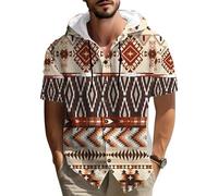 Camicia da uomo in cotone e lino a maniche corte con cappuccio e bottoni con stampa a righe geometriche in stile azteco etnico e tribale camicie casual larghe con cappuccio per le vacanze estive