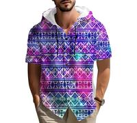 Camicia da uomo in cotone e lino a maniche corte con cappuccio e bottoni con stampa a righe geometriche in stile azteco etnico e tribale camicie casual larghe con cappuccio per le vacanze estive