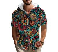 Camicia da uomo in cotone e lino a maniche corte con cappuccio e bottoni con stampa a righe geometriche in stile azteco etnico e tribale camicie casual larghe con cappuccio per le vacanze estive