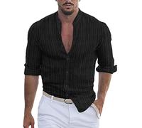 Camicia da uomo in cotone e lino a righe, stile casual, a maniche larghe, con più colori, in cotone pesante, Nero , L