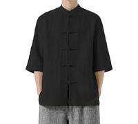Camicia da uomo in cotone e lino cinese Tang Camicie a 3/4 maniche tradizionali costumi artistici Kung Fu camicia da allenamento vestibilità ampia Tai Chi camicie senza colletto Top estivi traspiranti