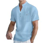 Camicia da uomo in cotone e lino Henley, casual, a maniche corte, estiva, con tasca e bottone, maglietta da spiaggia hippie, Azzurro, 3XL