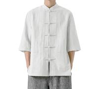 Camicia da uomo in cotone e lino Kung Fu - Stile tradizionale cinese Tang Suit, design Tai Chi, giacca a maniche lunghe, ideale per abbigliamento culturale, bianco, XXL
