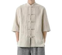Camicia da uomo in cotone e lino Kung Fu - Stile tradizionale cinese Tang Suit, design Tai Chi, giacca a maniche lunghe, ideale per abbigliamento culturale, cachi, XXL