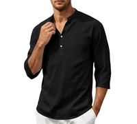 Camicia da uomo in cotone e lino, per il tempo libero, maniche a 3/4, estiva, traspirante, casual, basic, tinta unita, per tutti i giorni, comoda colletto alto con bottoni, vestibilità comoda, leggera