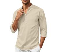 Camicia da uomo in cotone e lino, per il tempo libero, maniche a 3/4, estiva, traspirante, casual, basic, tinta unita, per tutti i giorni, comoda colletto alto con bottoni, vestibilità comoda, leggera