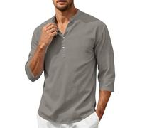 Camicia da uomo in cotone e lino, per il tempo libero, maniche a 3/4, estiva, traspirante, casual, basic, tinta unita, per tutti i giorni, comoda colletto alto con bottoni, vestibilità comoda, leggera