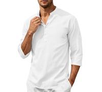 Camicia da uomo in cotone e lino, per il tempo libero, maniche a 3/4, estiva, traspirante, casual, basic, tinta unita, per tutti i giorni, comoda colletto alto con bottoni, vestibilità comoda, leggera