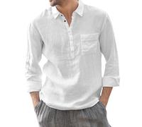 Camicia da uomo in cotone e lino, vestibilità regolare, a maniche lunghe, con bottoni, colletto a fascia, tinta unita, camicie estive morbide, comode, leggere, con tasca sul petto, per lavoro casual