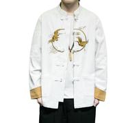 Camicia da uomo in cotone lino a maniche lunghe embroidered canapa cinese stile svago, bianco, XS