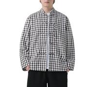 Camicia da uomo in cotone lino a maniche lunghe plaid colletto alto Hanfu camicia cinese stile Hanfu taglio stretto tempo libero, cachi, L