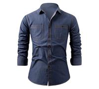 Camicia da uomo in denim a maniche lunghe in tinta unita con bottoni e tasca sul petto, camicie formali elasticizzate da lavoro, 2 tasche blu scuro, XL