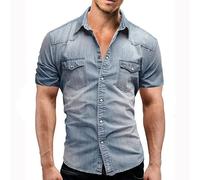 Camicia da uomo in denim sottile a maniche corte in morbido cotone due tasche slim leggermente elastico jeans camicia da cowboy