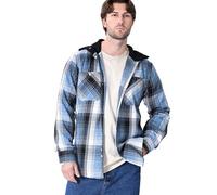 Camicia da uomo in flanella, a maniche lunghe, a quadretti, con cappuccio, per il tempo libero, Azzurro, XL