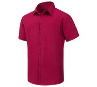 Camicia da Uomo in Lino a Maniche Corte, Casual, con Bottoni, per L'Estate, la Spiaggia, Le Vacanze, Rosso 5b026, 3XL