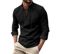 Camicia da uomo in lino, a maniche lunghe, con colletto alto e lacci, per il tempo libero, per l'estate, il tempo libero e la spiaggia, camicia con lacci, costume medievale vichingo da pirata, Nero